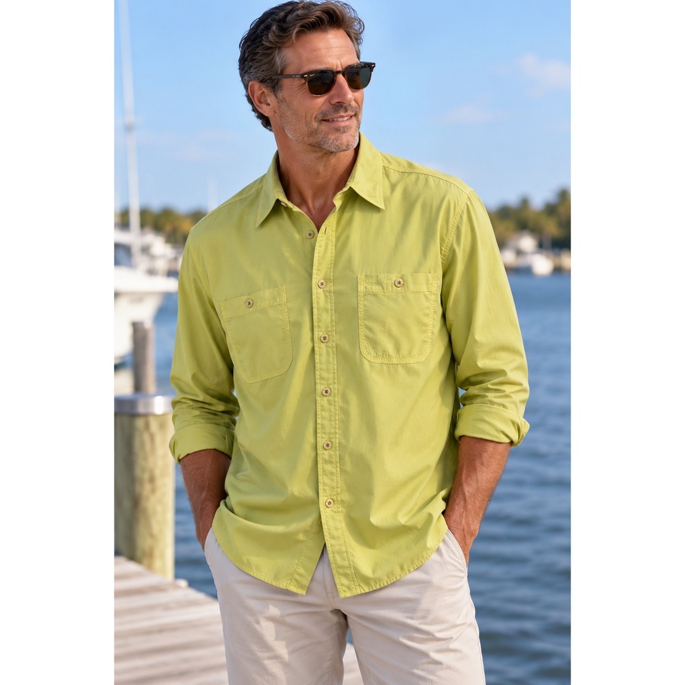 Tommy Bahama Men's Large Long Sleeve Shirt Green 100% Cotton Button Front Lime